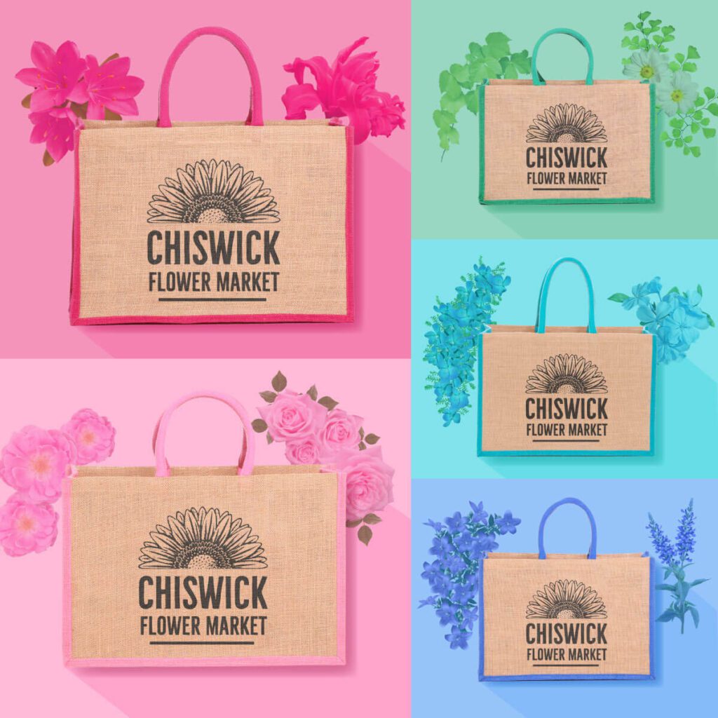 jute bag printed with Chiswick Flower Market logo in multiple colours