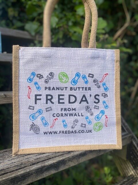 Freda's peanut butter branded jute bag