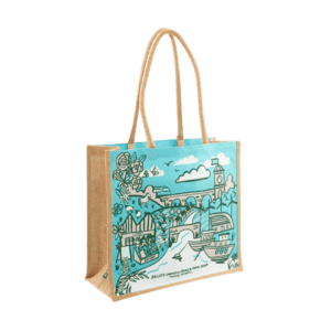 colourful farm shop printed natural jute bag