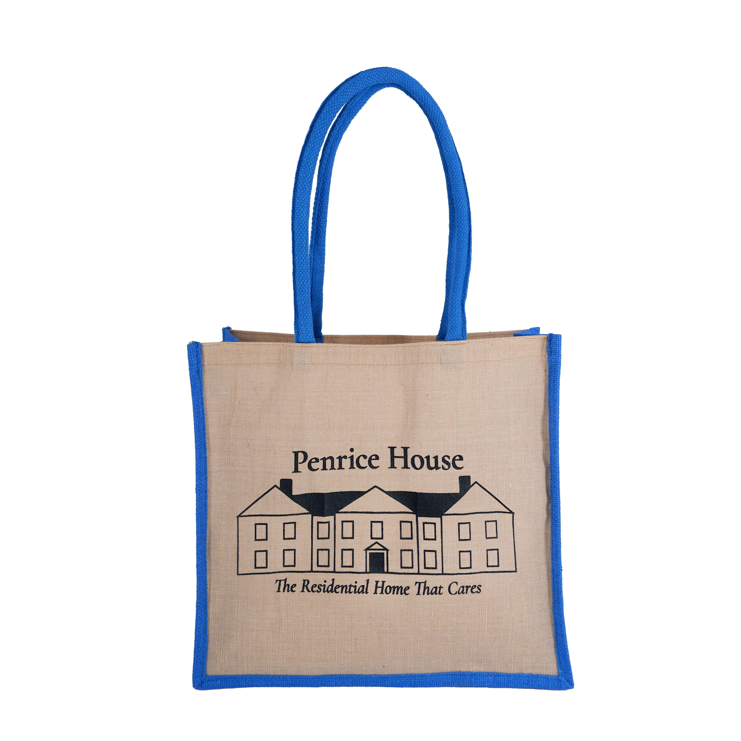 Person holding a branded jute shopping bag