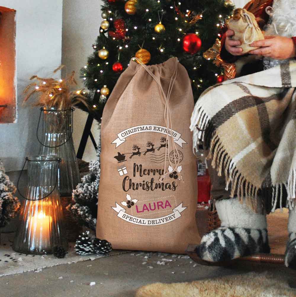 Large jute sack with bespoke festive print
