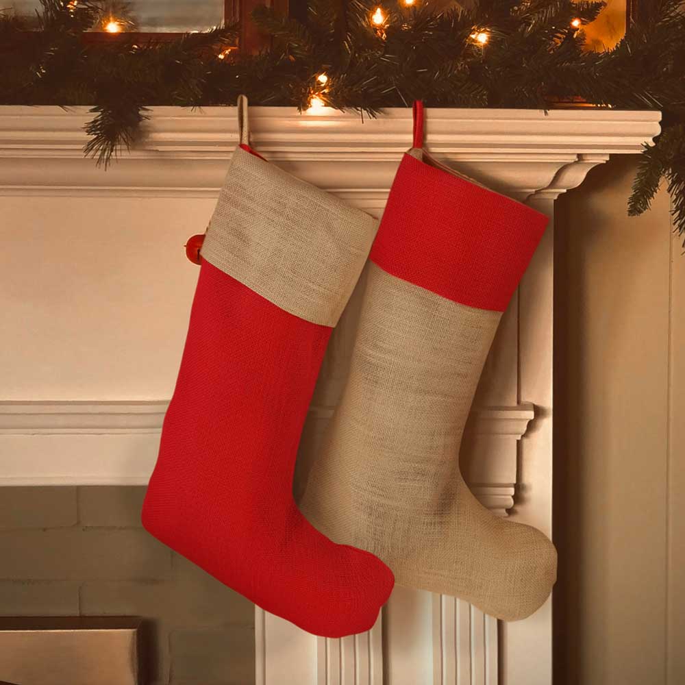 Jute stockings hung over a fireplace